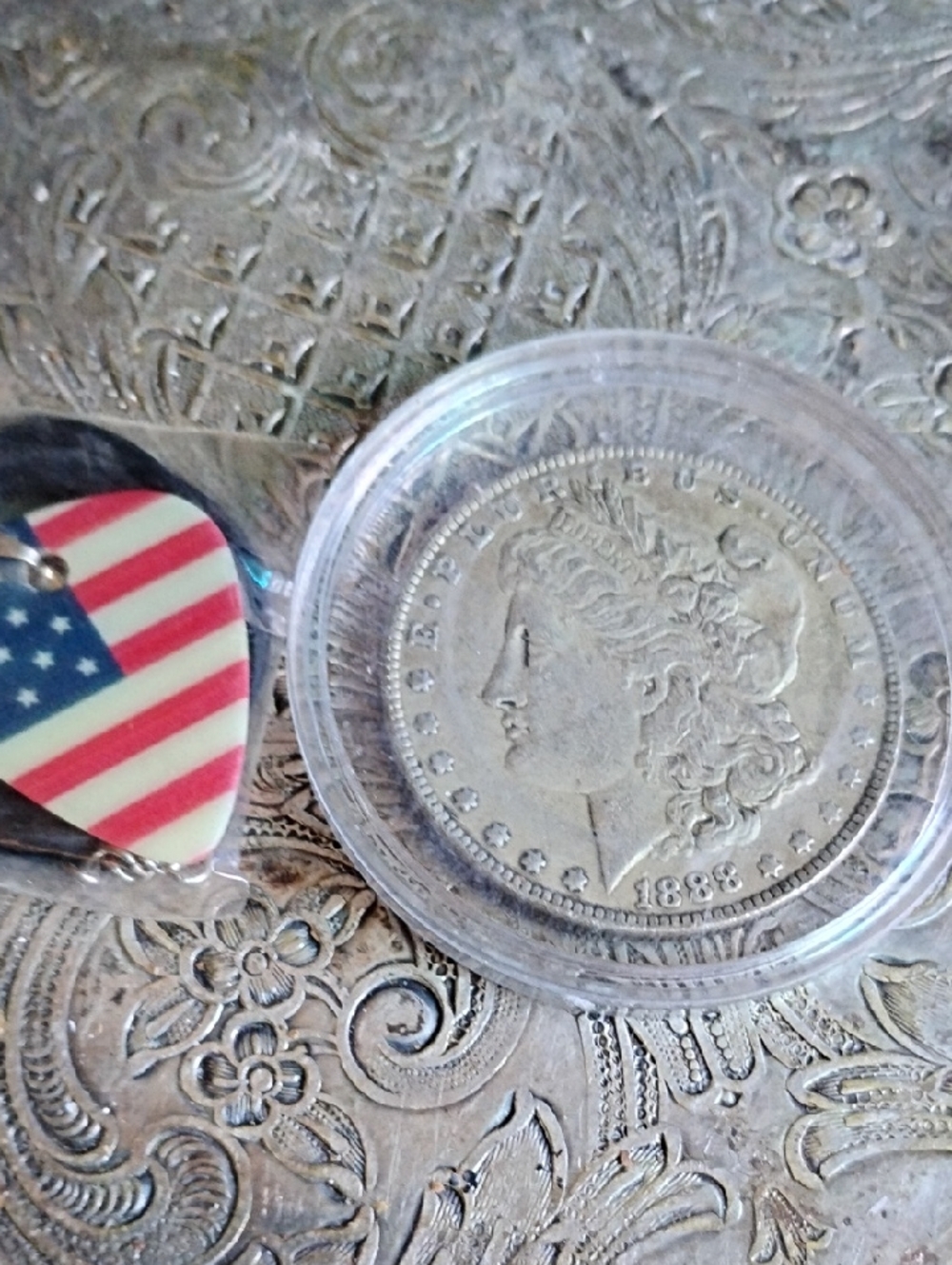 American Flag Guitar Pick Keychain with Silver Coin